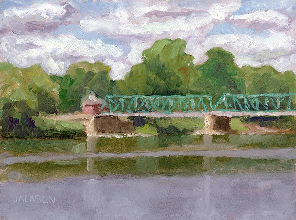 Red Bridge and House Lambertville, New Hope; Tom Jackson, oil on panel